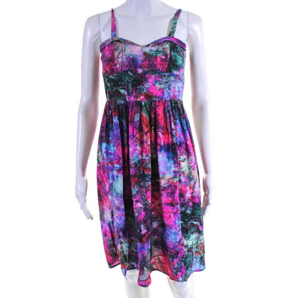 Amanda Uprichard Pink Green Watercolor Satin Fit and Flare Dress XS - Picture 2 of 9